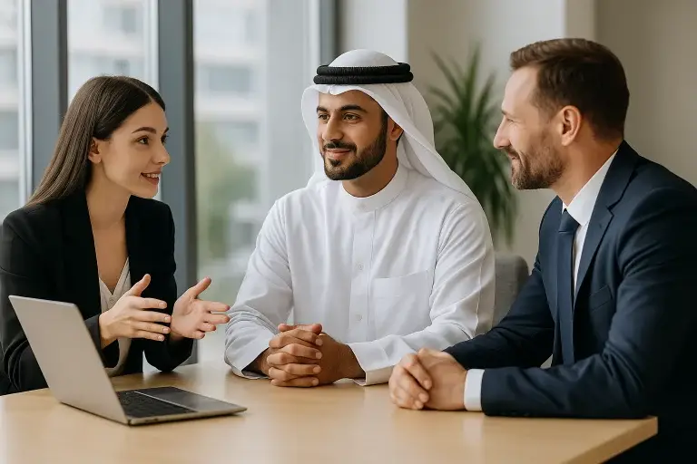 رجال سعوديون في مكتب استقبال يناقشون عقود استقدام