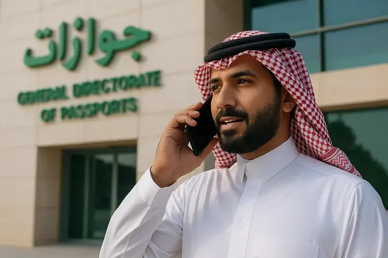 رجل سعودي يحمل جواز سفر ويتحدث بالهاتف أمام مبنى إداري - خدمات معقب الجوازات