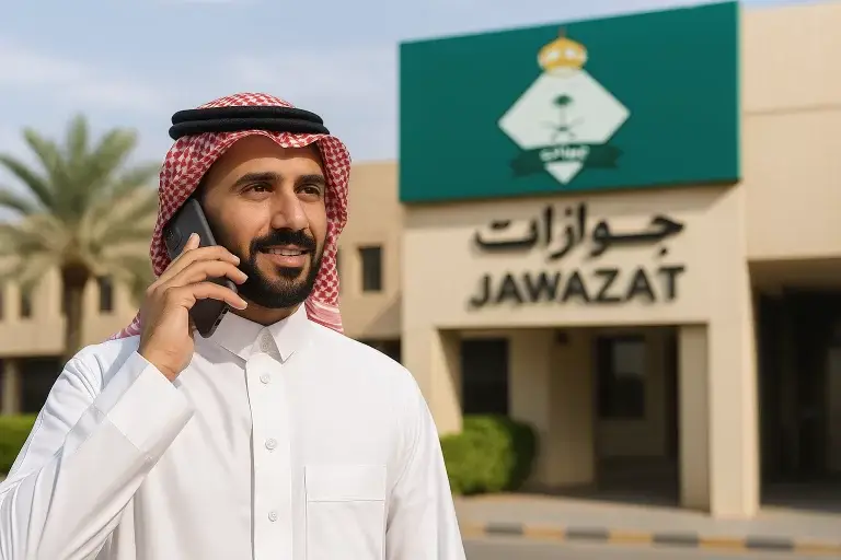 رجل سعودي يحمل جواز سفر ويتحدث بالهاتف أمام مبنى إداري - خدمات الجوازات القلم الذهبي