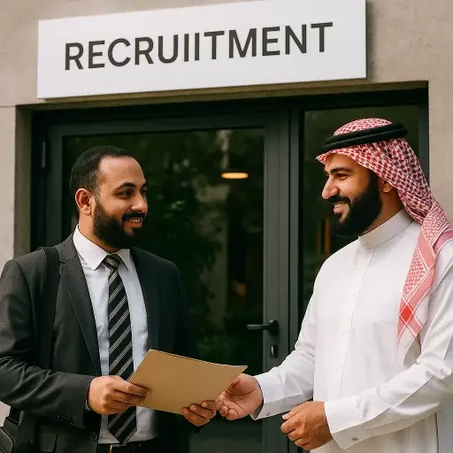 رجل سعودي يستلم ورقة من موظف عبر حاجز خدمة العملاء - معقب مكتب العمل القلم الذهبي
