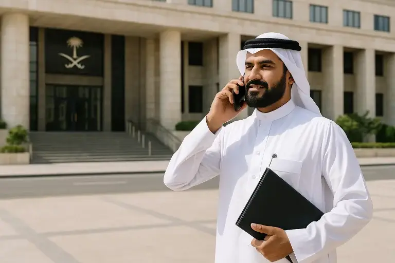 رجل سعودي يقود سيارة أمام مبنى خدمات حكومية عليه لافتة خدمة معقب