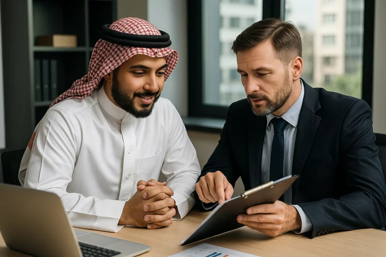 رجل سعودي يوقع عقد استقدام أمام لابتوب وختم - دليل تكاليف الاستقدام الحقيقية